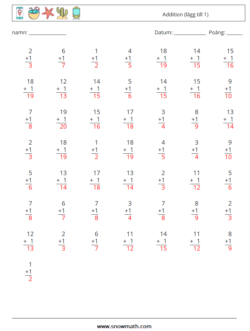 (50) Addition (lägg till 1) Matematiska arbetsblad 18 Fråga, svar