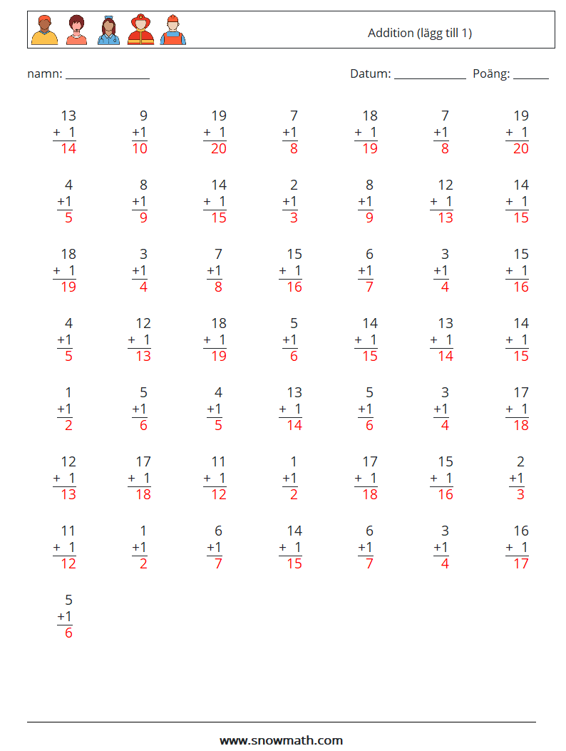 (50) Addition (lägg till 1) Matematiska arbetsblad 1 Fråga, svar