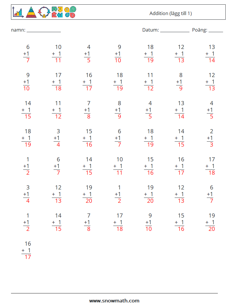 (50) Addition (lägg till 1) Matematiska arbetsblad 3 Fråga, svar