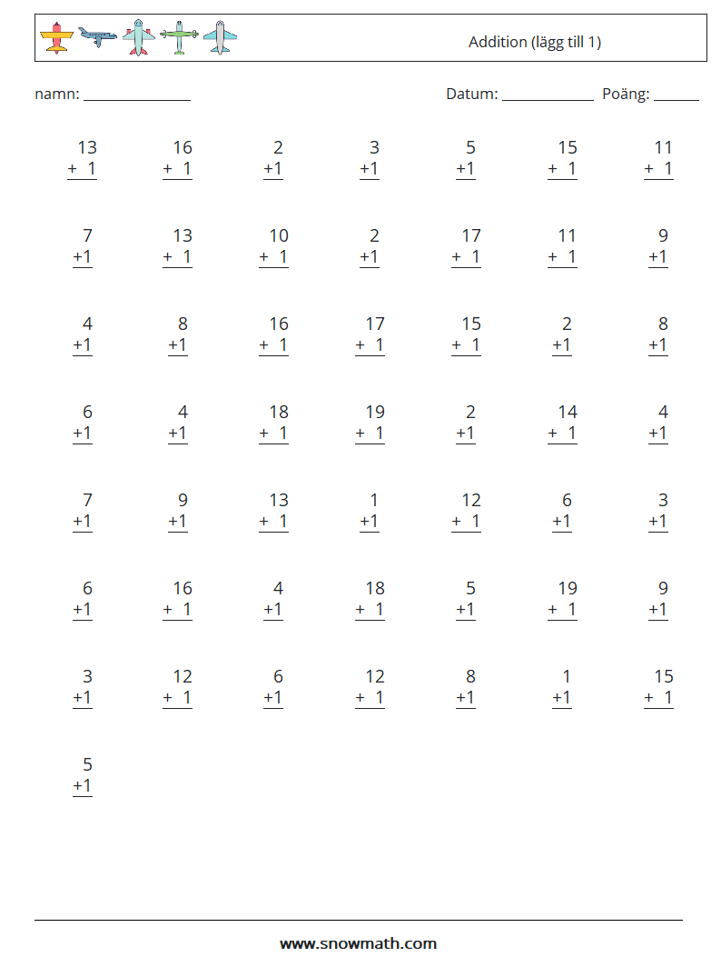 (50) Addition (lägg till 1) Matematiska arbetsblad 6