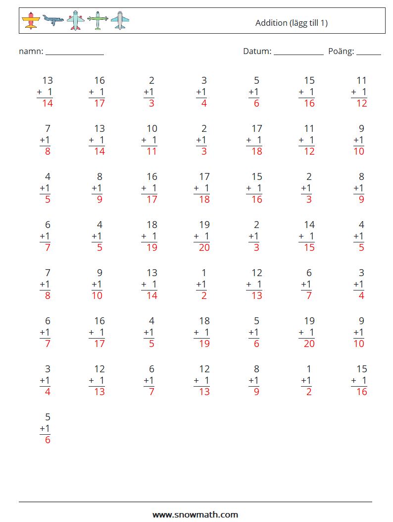 (50) Addition (lägg till 1) Matematiska arbetsblad 6 Fråga, svar