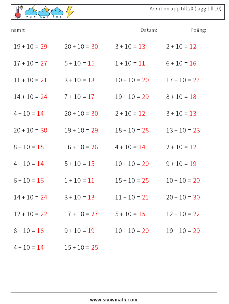 (50) Addition upp till 20 (lägg till 10) Matematiska arbetsblad 1 Fråga, svar