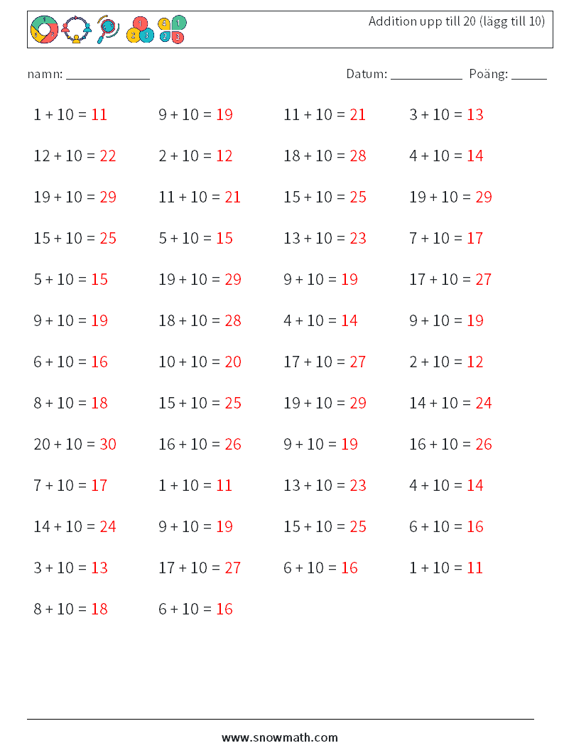 (50) Addition upp till 20 (lägg till 10) Matematiska arbetsblad 2 Fråga, svar