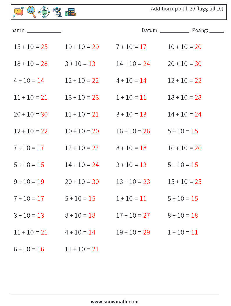 (50) Addition upp till 20 (lägg till 10) Matematiska arbetsblad 3 Fråga, svar