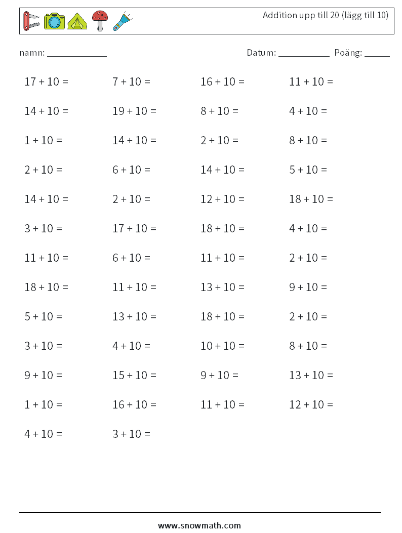 (50) Addition upp till 20 (lägg till 10) Matematiska arbetsblad 4