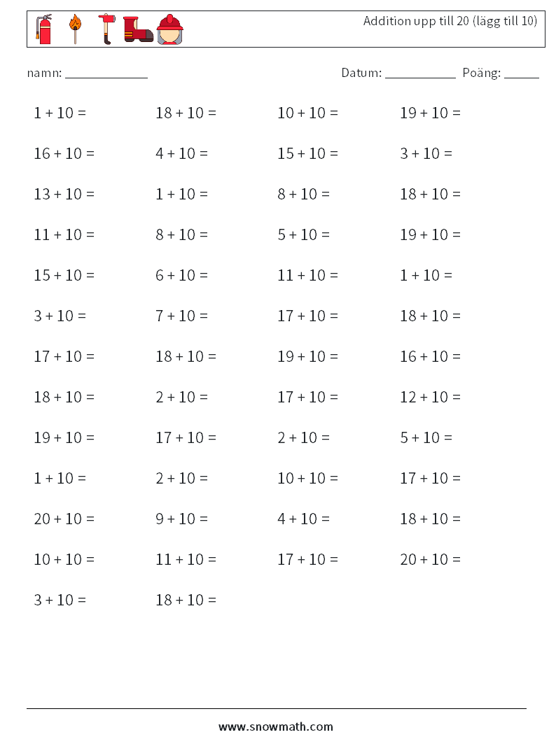 (50) Addition upp till 20 (lägg till 10) Matematiska arbetsblad 6