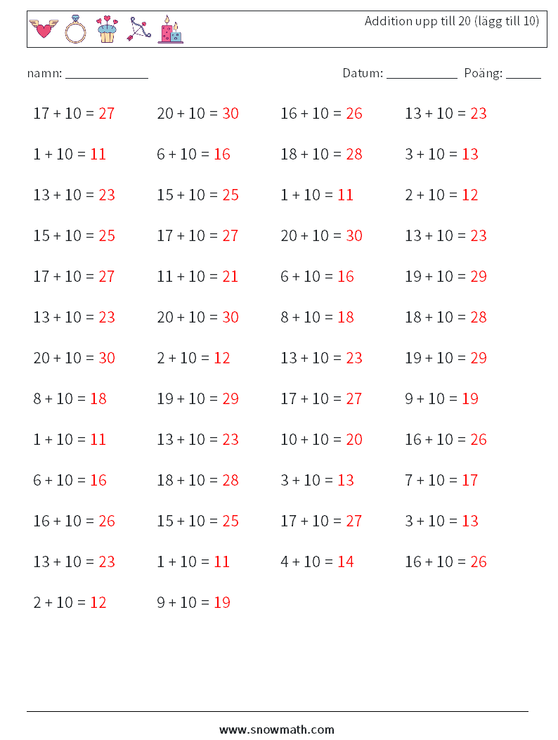 (50) Addition upp till 20 (lägg till 10) Matematiska arbetsblad 8 Fråga, svar