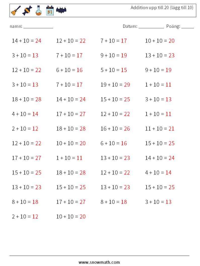 (50) Addition upp till 20 (lägg till 10) Matematiska arbetsblad 9 Fråga, svar