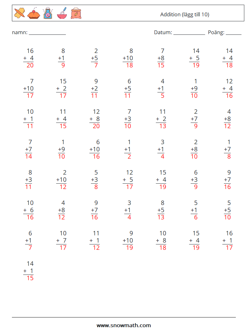 (50) Addition (lägg till 10) Matematiska arbetsblad 13 Fråga, svar