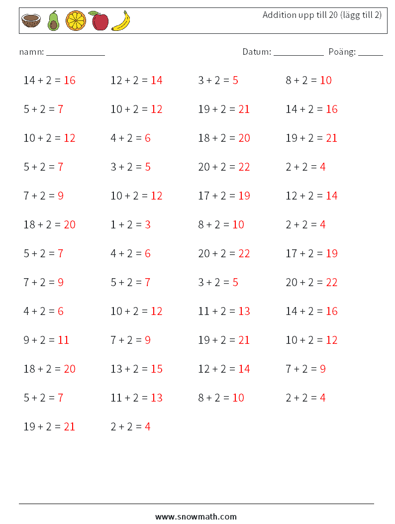 (50) Addition upp till 20 (lägg till 2) Matematiska arbetsblad 1 Fråga, svar