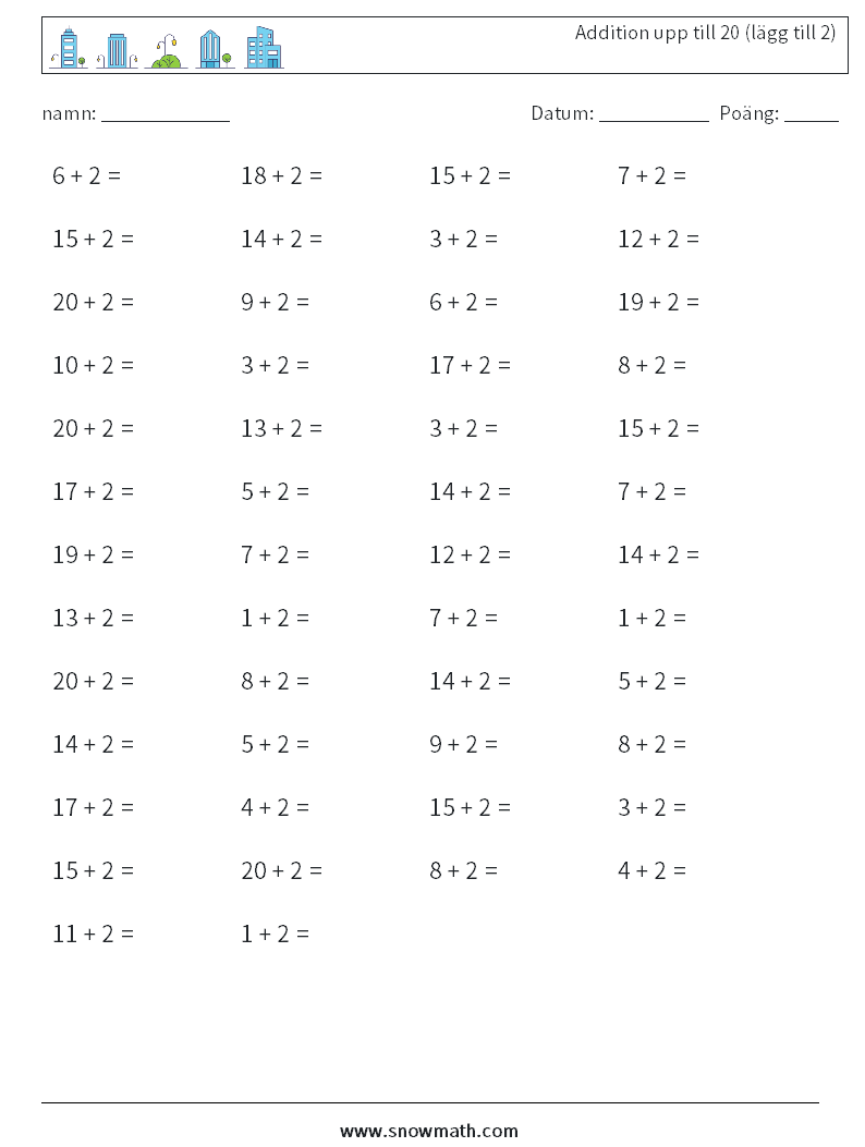 (50) Addition upp till 20 (lägg till 2) Matematiska arbetsblad 2