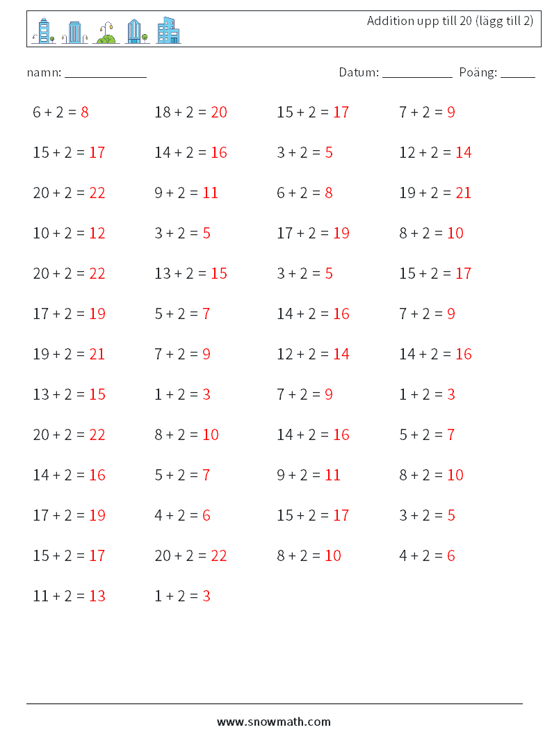 (50) Addition upp till 20 (lägg till 2) Matematiska arbetsblad 2 Fråga, svar