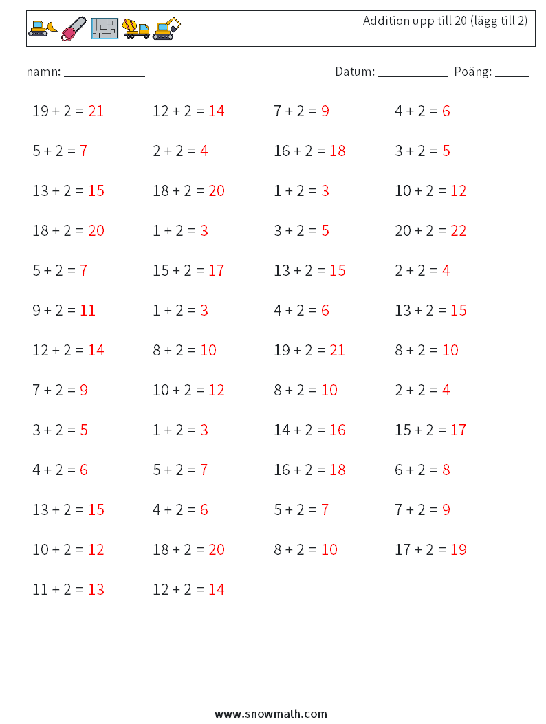 (50) Addition upp till 20 (lägg till 2) Matematiska arbetsblad 3 Fråga, svar