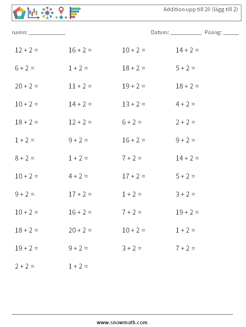 (50) Addition upp till 20 (lägg till 2) Matematiska arbetsblad 4