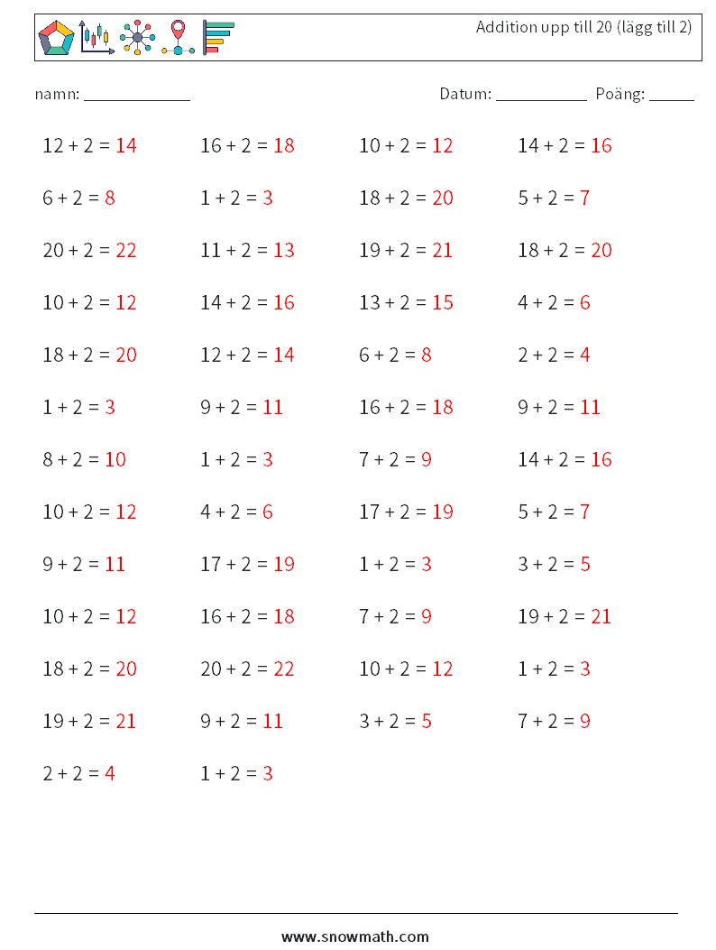 (50) Addition upp till 20 (lägg till 2) Matematiska arbetsblad 4 Fråga, svar