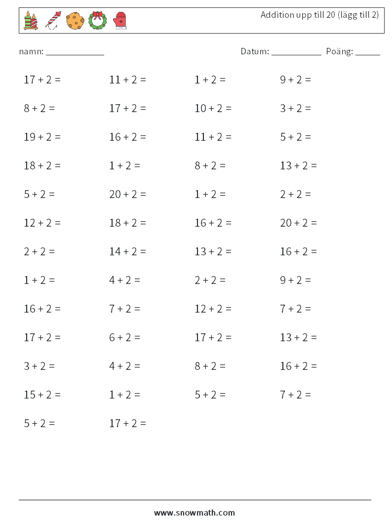 (50) Addition upp till 20 (lägg till 2) Matematiska arbetsblad 6