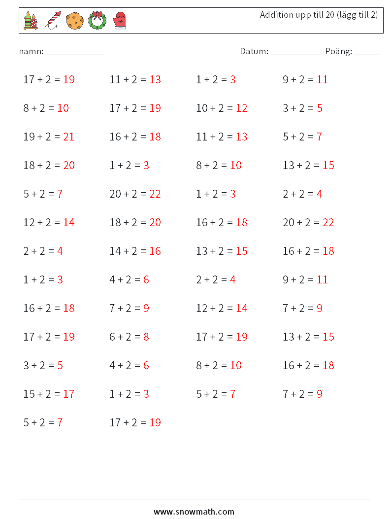 (50) Addition upp till 20 (lägg till 2) Matematiska arbetsblad 6 Fråga, svar