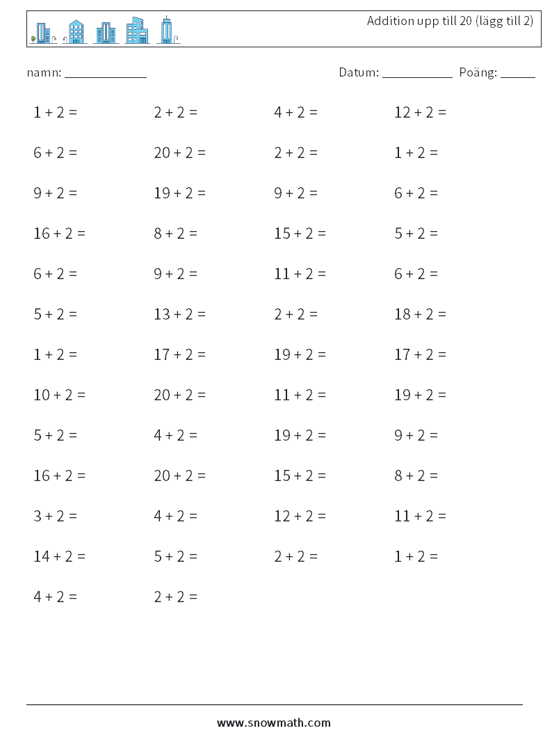 (50) Addition upp till 20 (lägg till 2) Matematiska arbetsblad 8