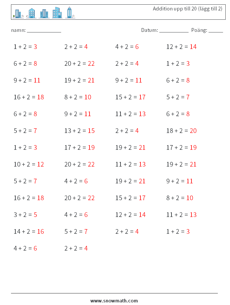 (50) Addition upp till 20 (lägg till 2) Matematiska arbetsblad 8 Fråga, svar