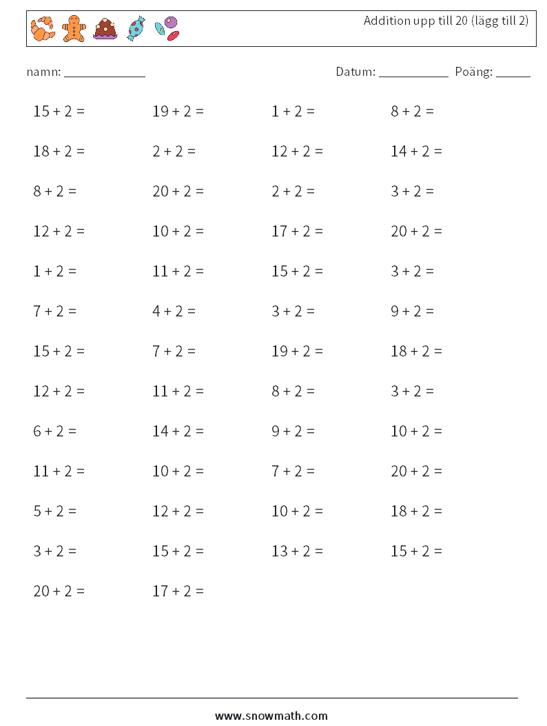(50) Addition upp till 20 (lägg till 2) Matematiska arbetsblad 9