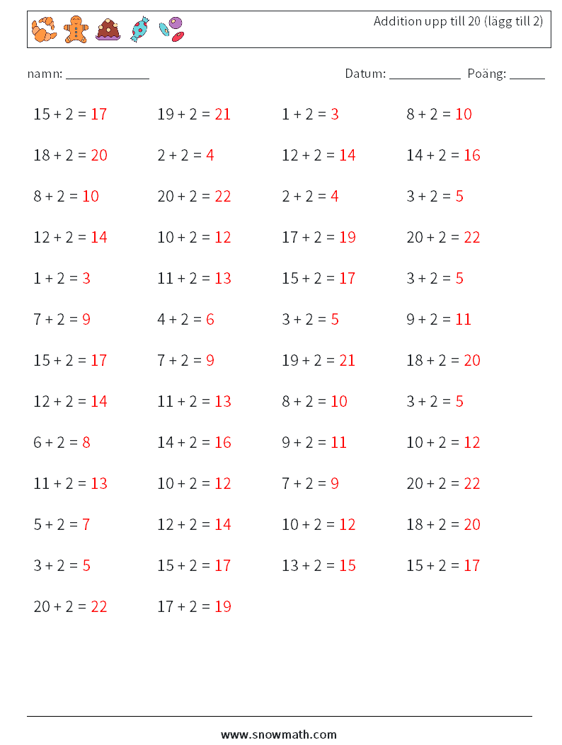 (50) Addition upp till 20 (lägg till 2) Matematiska arbetsblad 9 Fråga, svar