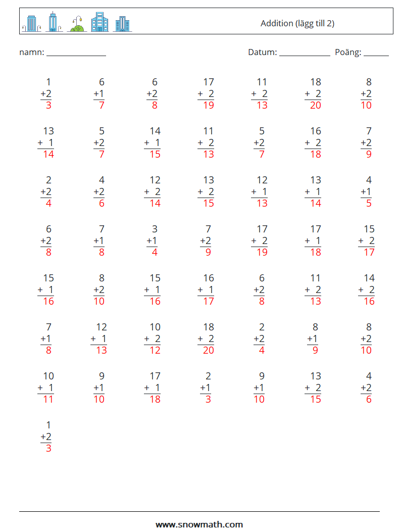 (50) Addition (lägg till 2) Matematiska arbetsblad 11 Fråga, svar