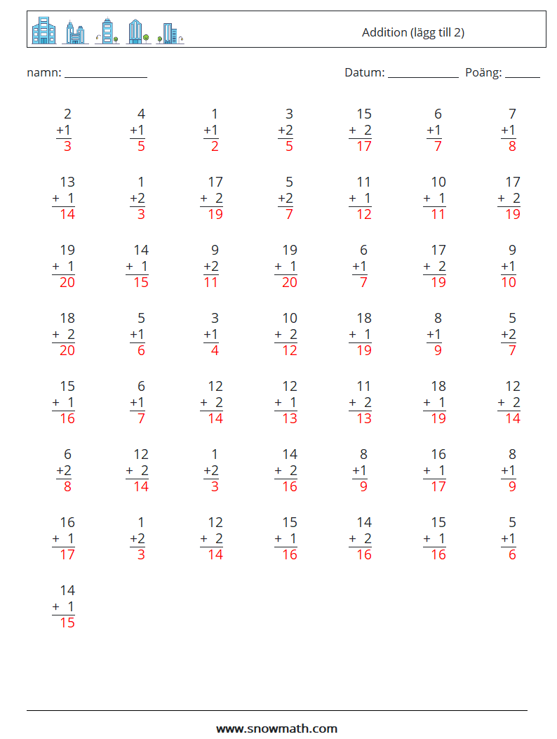 (50) Addition (lägg till 2) Matematiska arbetsblad 12 Fråga, svar