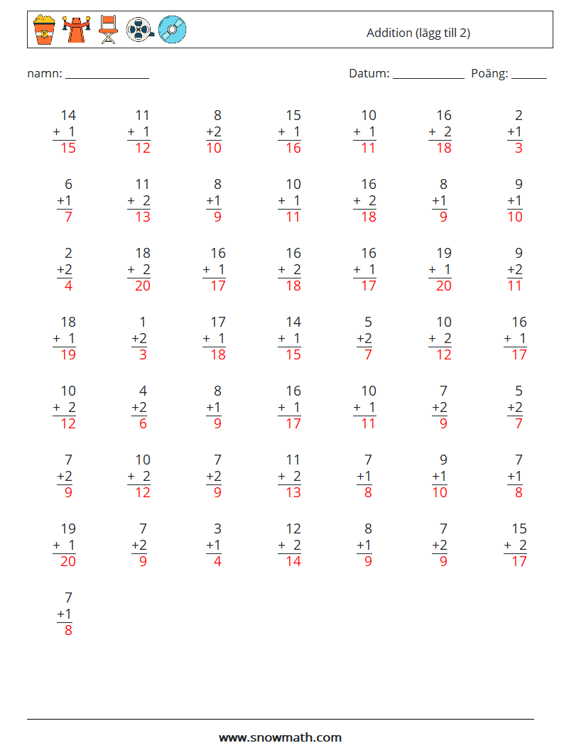 (50) Addition (lägg till 2) Matematiska arbetsblad 13 Fråga, svar