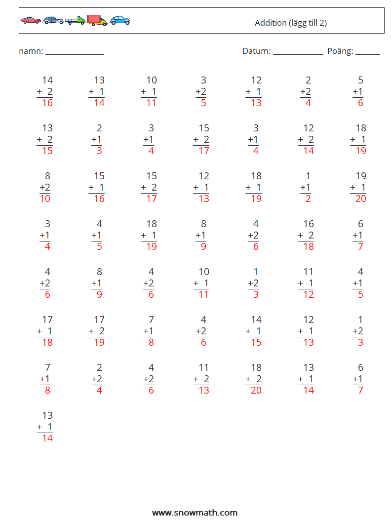 (50) Addition (lägg till 2) Matematiska arbetsblad 15 Fråga, svar