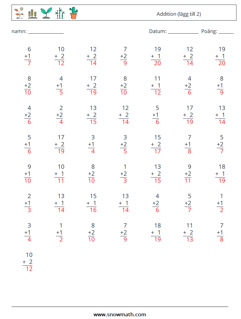 (50) Addition (lägg till 2) Matematiska arbetsblad 1 Fråga, svar