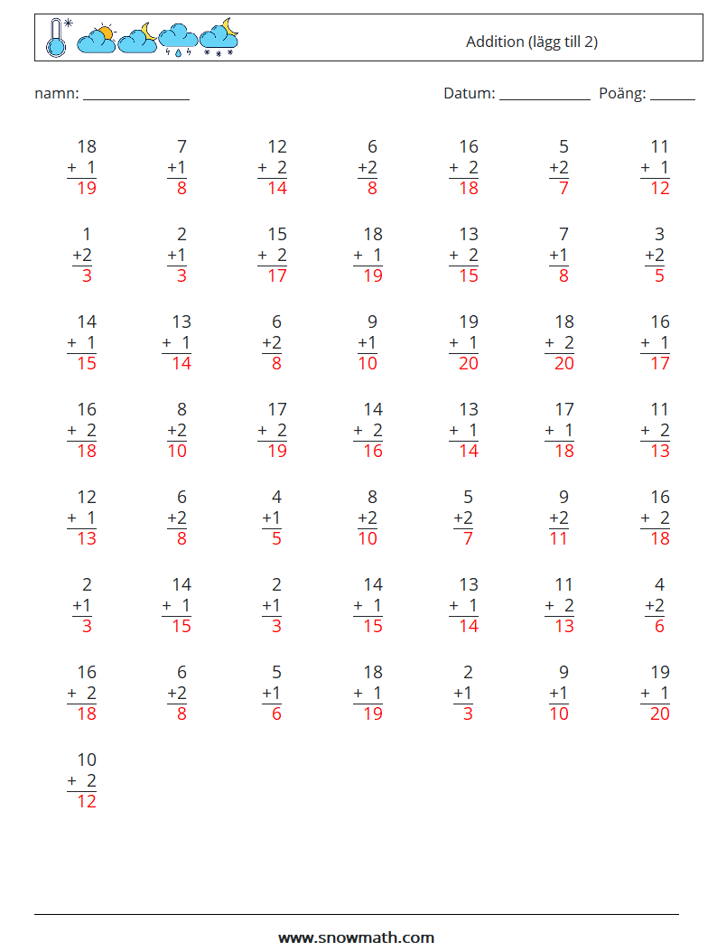 (50) Addition (lägg till 2) Matematiska arbetsblad 2 Fråga, svar