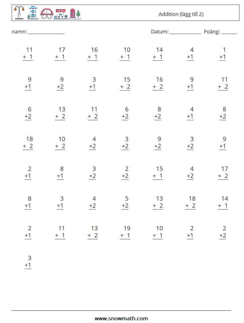 (50) Addition (lägg till 2) Matematiska arbetsblad 3