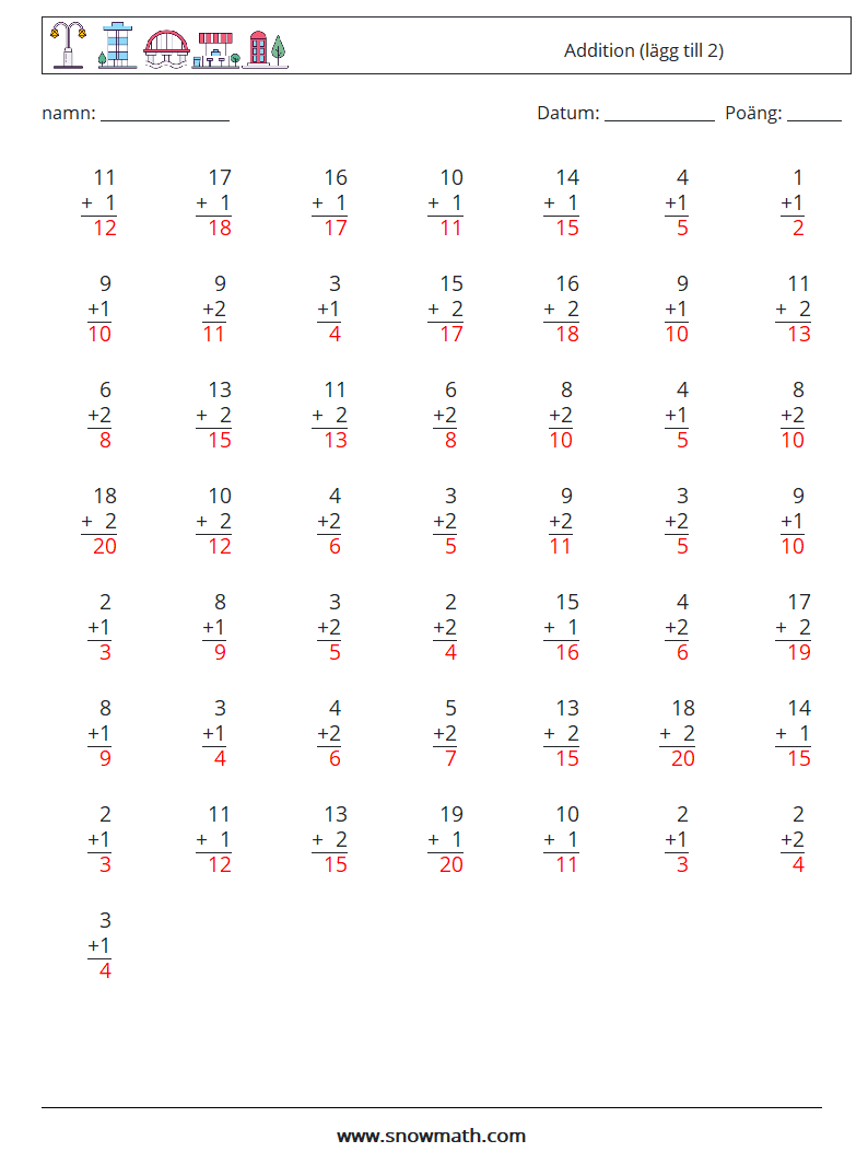 (50) Addition (lägg till 2) Matematiska arbetsblad 3 Fråga, svar