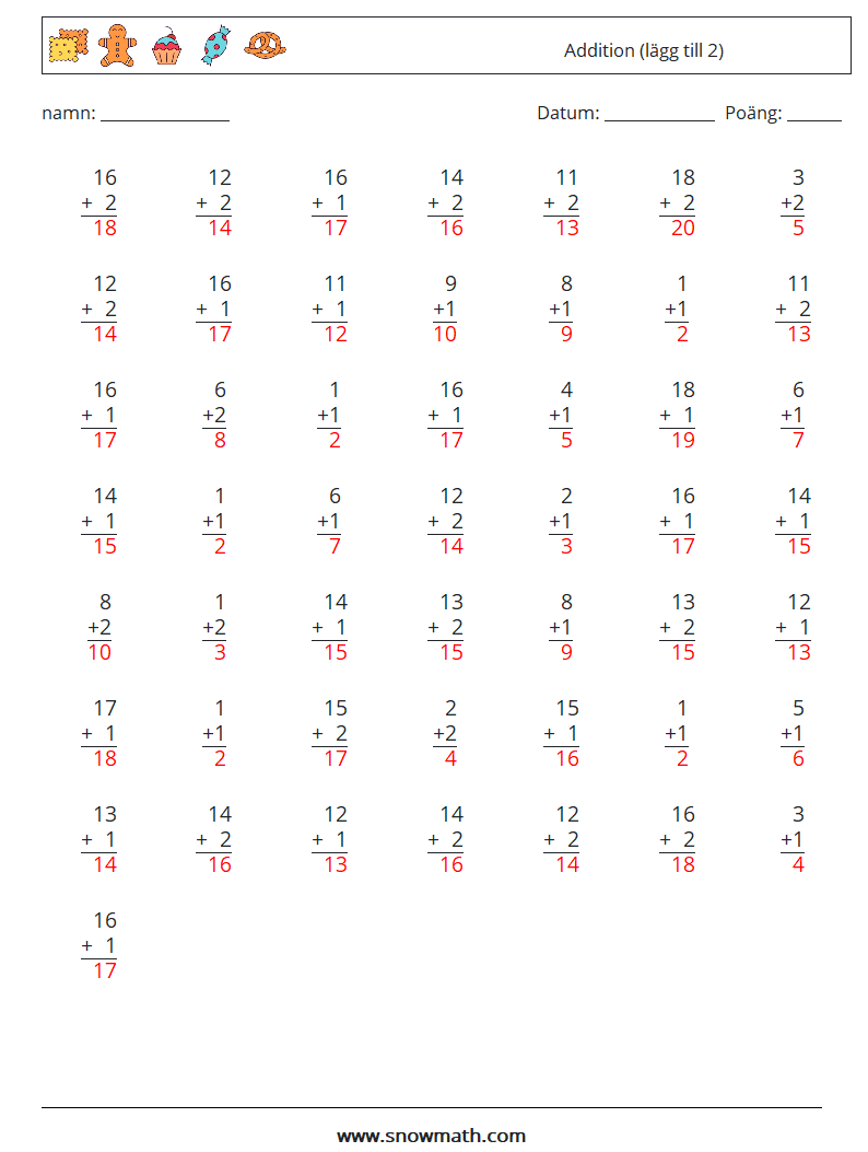 (50) Addition (lägg till 2) Matematiska arbetsblad 5 Fråga, svar