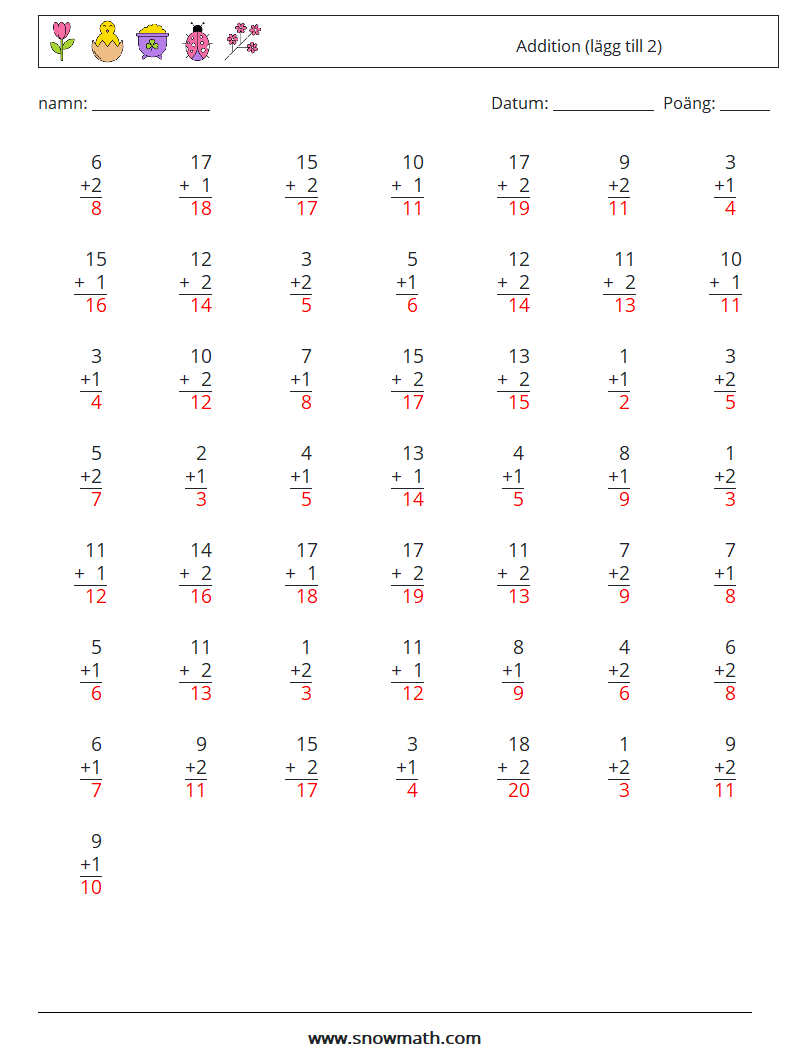 (50) Addition (lägg till 2) Matematiska arbetsblad 6 Fråga, svar