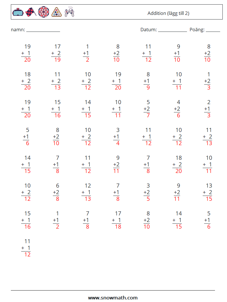 (50) Addition (lägg till 2) Matematiska arbetsblad 8 Fråga, svar