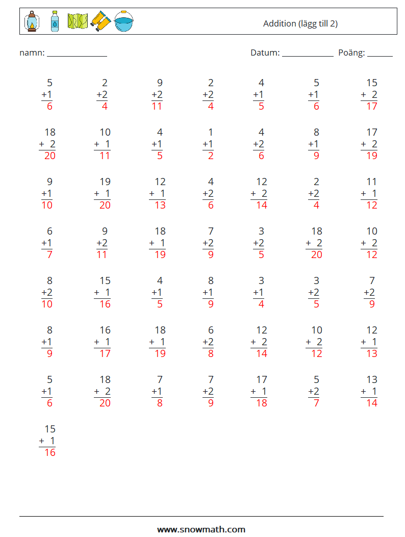 (50) Addition (lägg till 2) Matematiska arbetsblad 9 Fråga, svar