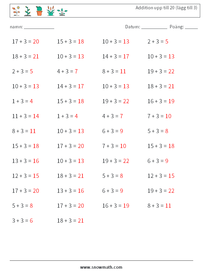 (50) Addition upp till 20 (lägg till 3) Matematiska arbetsblad 1 Fråga, svar