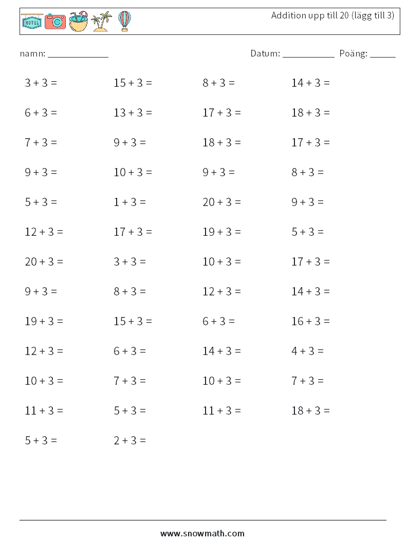 (50) Addition upp till 20 (lägg till 3) Matematiska arbetsblad 2