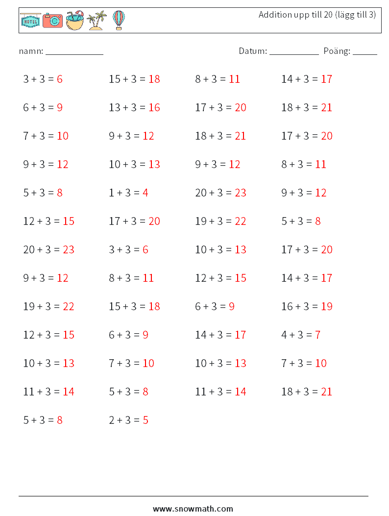 (50) Addition upp till 20 (lägg till 3) Matematiska arbetsblad 2 Fråga, svar