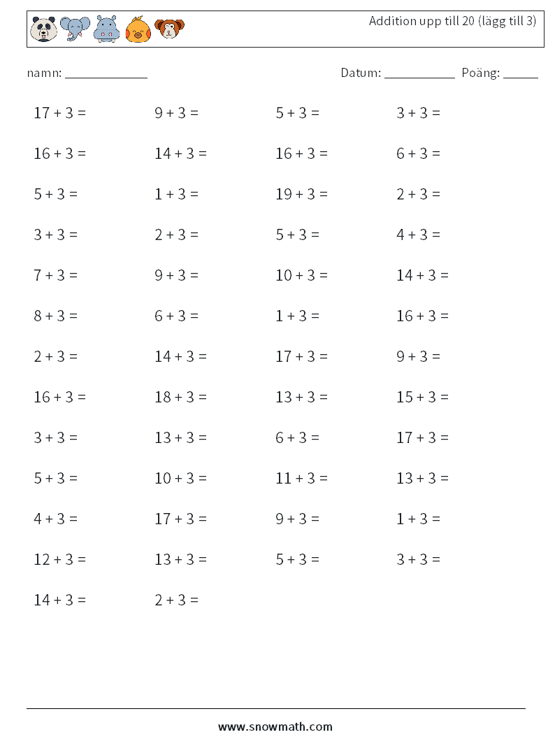 (50) Addition upp till 20 (lägg till 3) Matematiska arbetsblad 3