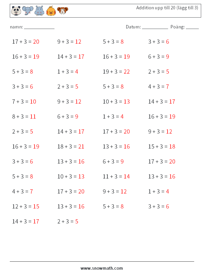 (50) Addition upp till 20 (lägg till 3) Matematiska arbetsblad 3 Fråga, svar