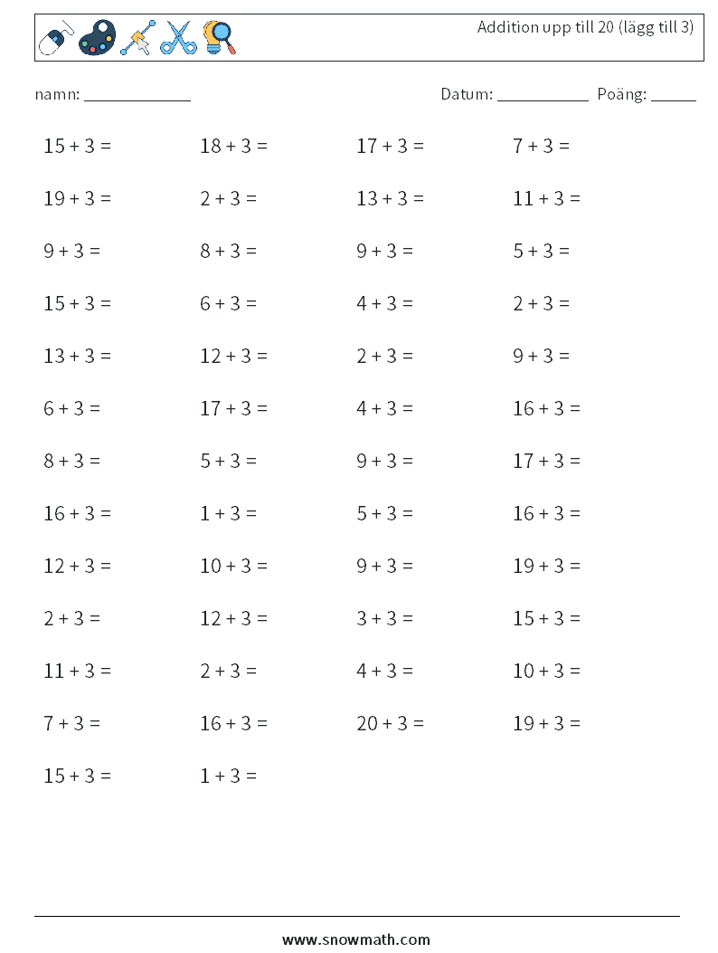 (50) Addition upp till 20 (lägg till 3) Matematiska arbetsblad 4