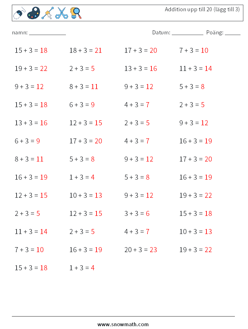 (50) Addition upp till 20 (lägg till 3) Matematiska arbetsblad 4 Fråga, svar