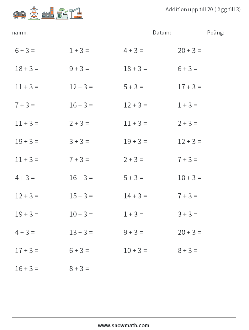 (50) Addition upp till 20 (lägg till 3) Matematiska arbetsblad 5
