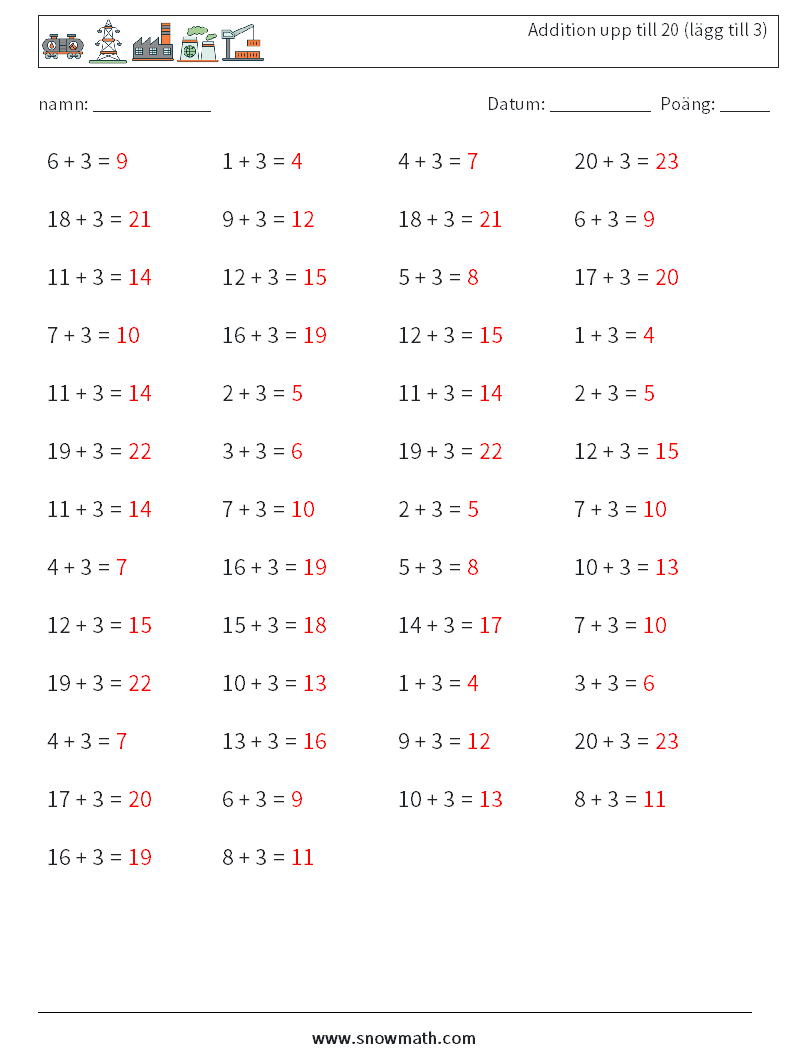(50) Addition upp till 20 (lägg till 3) Matematiska arbetsblad 5 Fråga, svar