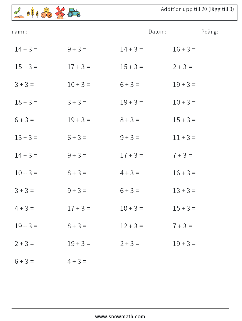 (50) Addition upp till 20 (lägg till 3) Matematiska arbetsblad 6