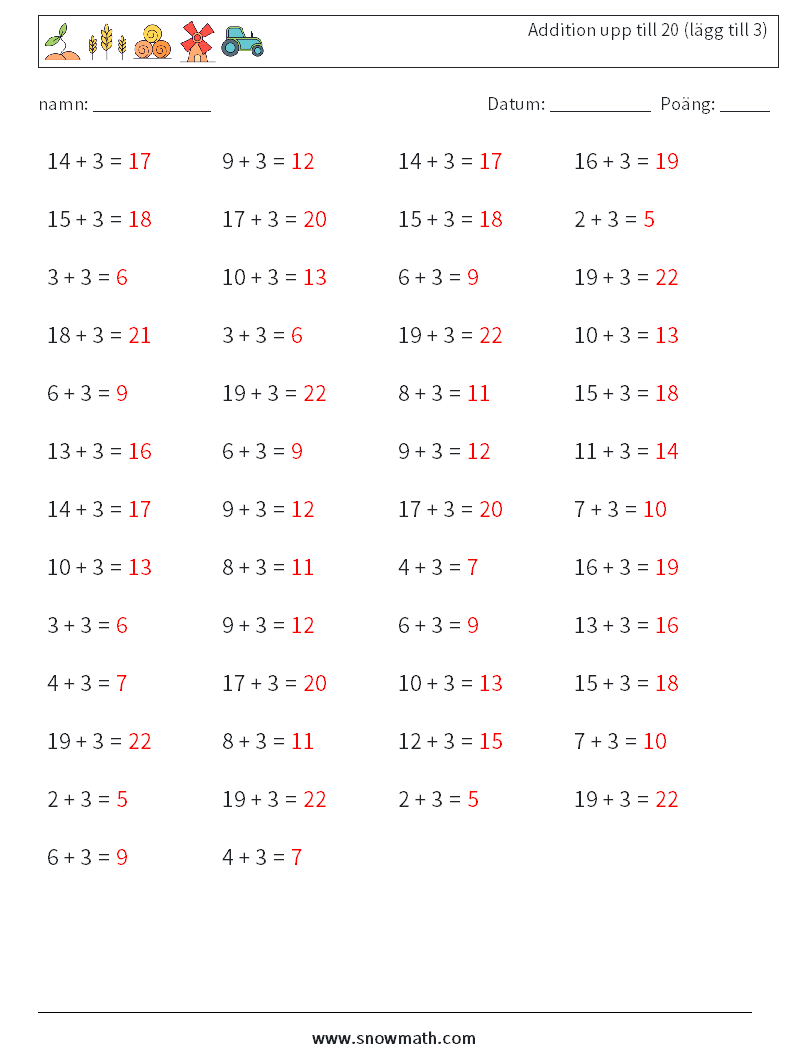 (50) Addition upp till 20 (lägg till 3) Matematiska arbetsblad 6 Fråga, svar