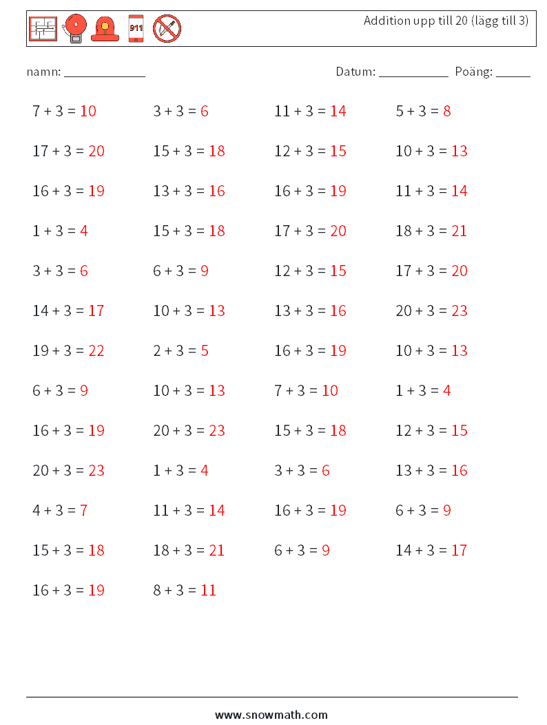 (50) Addition upp till 20 (lägg till 3) Matematiska arbetsblad 7 Fråga, svar