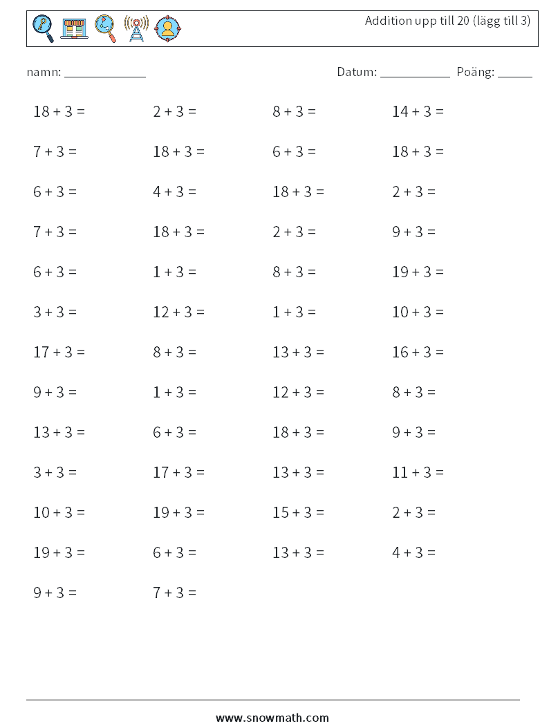 (50) Addition upp till 20 (lägg till 3) Matematiska arbetsblad 9
